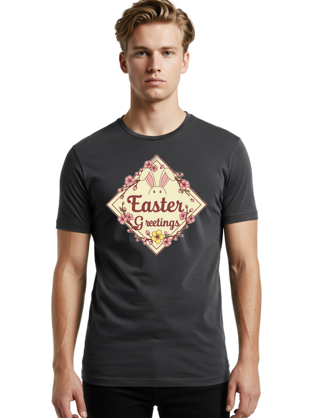 Easter-Greetings Men'S Graphic Tee, 100% Cotton, Comfortable Casual Summer Wear, Machine Washable, Easter Bunny, Easter Greetings, Floral Wreath, Pastel Colors, Spring Flowers, Easter Wishes, Festive Design Baa629