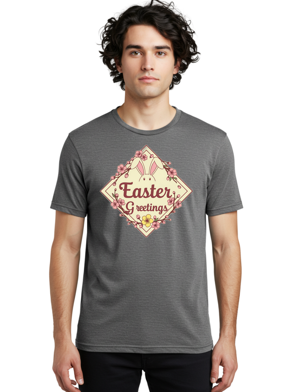 Easter-Greetings Men'S Graphic Tee, 100% Cotton, Comfortable Casual Summer Wear, Machine Washable, Easter Bunny, Easter Greetings, Floral Wreath, Pastel Colors, Spring Flowers, Easter Wishes, Festive Design Baa629