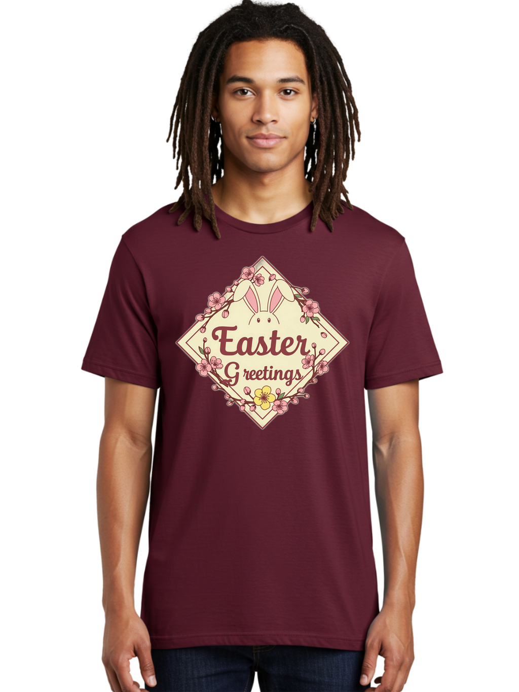 Easter-Greetings Men'S Graphic Tee, 100% Cotton, Comfortable Casual Summer Wear, Machine Washable, Easter Bunny, Easter Greetings, Floral Wreath, Pastel Colors, Spring Flowers, Easter Wishes, Festive Design Baa629