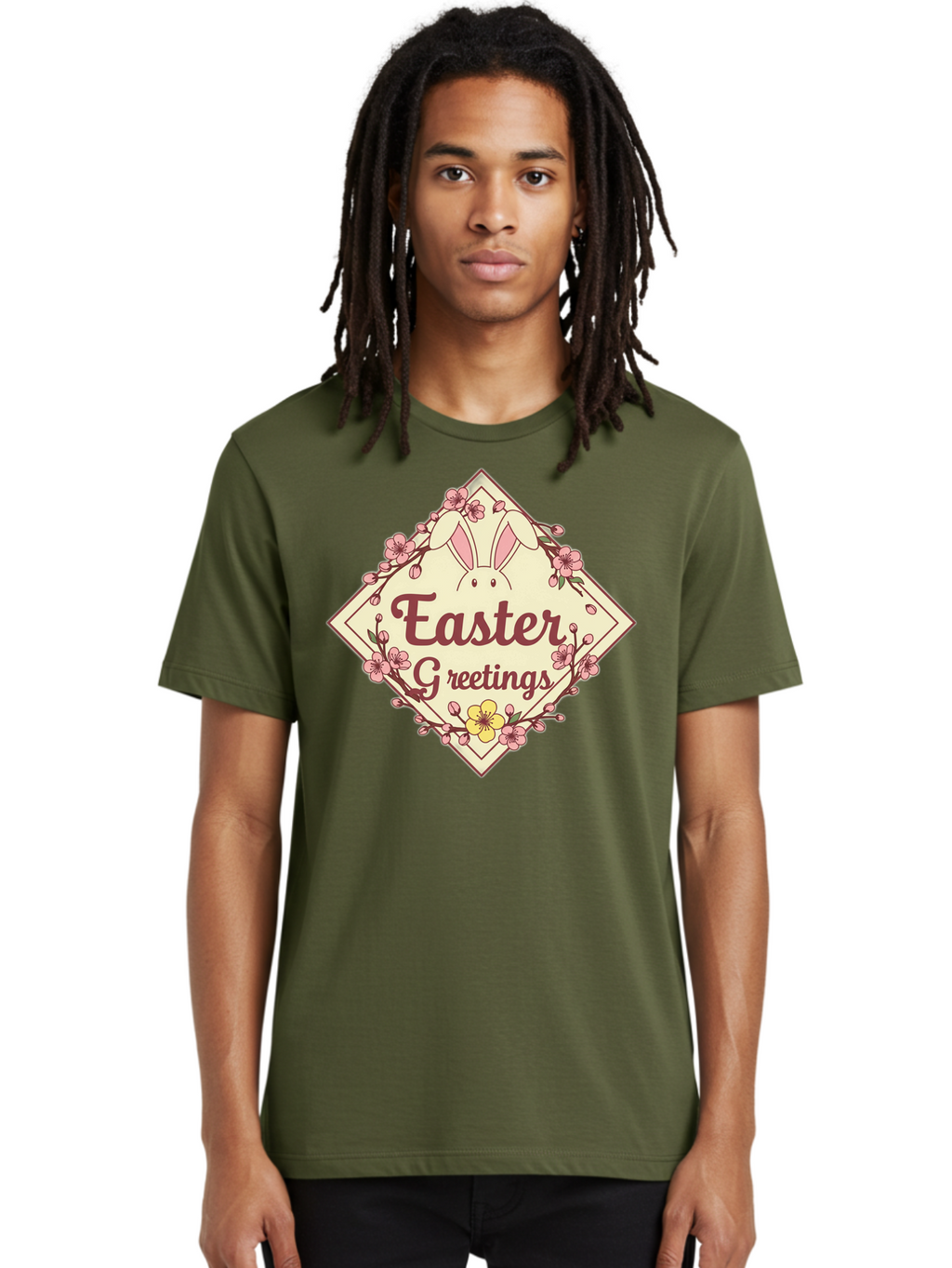 Easter-Greetings Men'S Graphic Tee, 100% Cotton, Comfortable Casual Summer Wear, Machine Washable, Easter Bunny, Easter Greetings, Floral Wreath, Pastel Colors, Spring Flowers, Easter Wishes, Festive Design Baa629