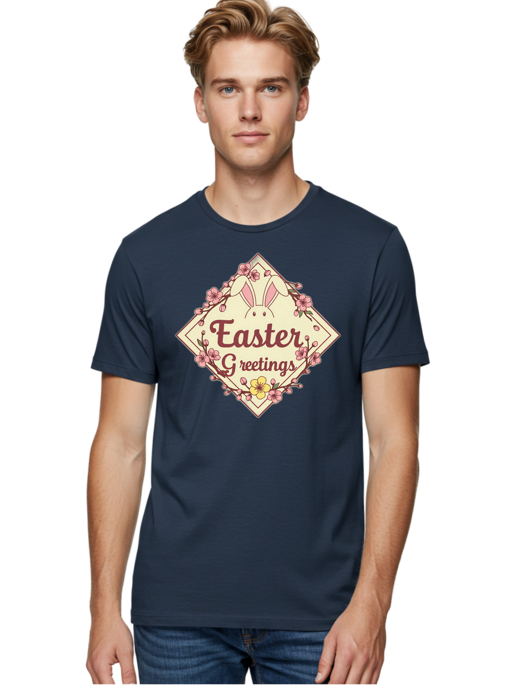 Easter-Greetings Men'S Graphic Tee, 100% Cotton, Comfortable Casual Summer Wear, Machine Washable, Easter Bunny, Easter Greetings, Floral Wreath, Pastel Colors, Spring Flowers, Easter Wishes, Festive Design Baa629