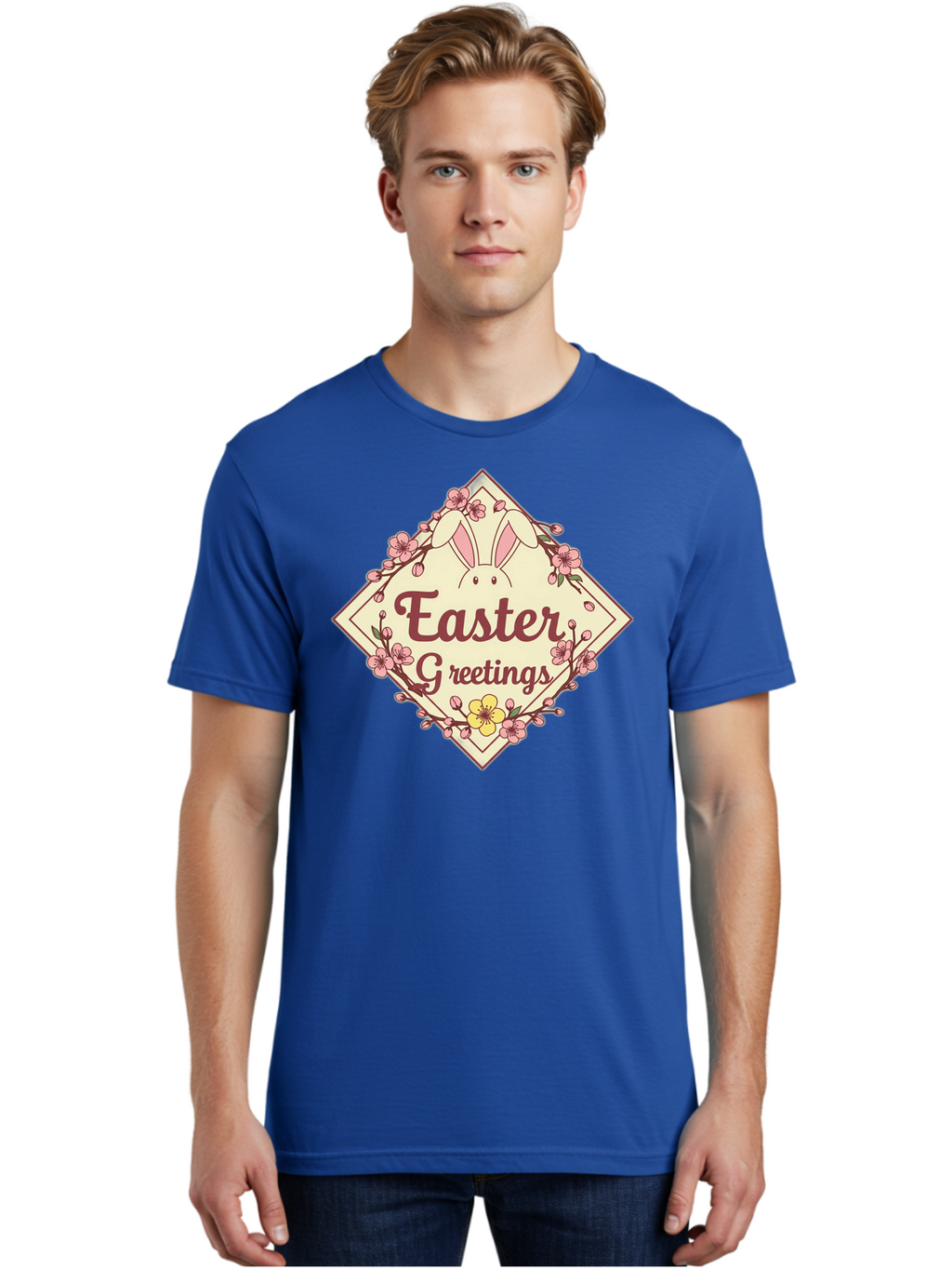 Easter-Greetings Men'S Graphic Tee, 100% Cotton, Comfortable Casual Summer Wear, Machine Washable, Easter Bunny, Easter Greetings, Floral Wreath, Pastel Colors, Spring Flowers, Easter Wishes, Festive Design Baa629