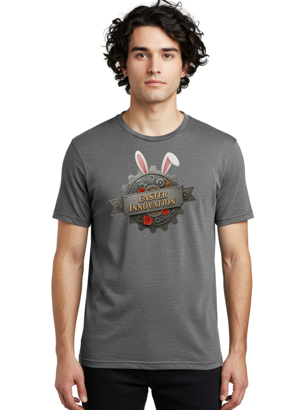 Easter-Innovation Men'S Graphic Tee, 100% Cotton, Comfortable Casual Summer Wear, Machine Washable, Steampunk Gear, Bunny Ears, Easter Innovation Logo, Rose Design, Vintage Machinery, Industrial Aesthetic, Easter Theme, Creative Symbolism, Baa630