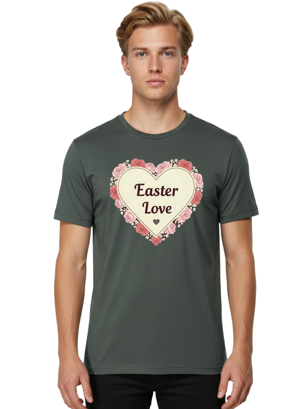 Easter-Love Men'S Graphic Tee, 100% Cotton, Comfortable Casual Summer Wear, Machine Washable, Easter Love, Heart-Shaped Frame, Pink Roses, Floral Wreath, Love Message, Small Green Heart, Easter Theme, Romantic Easter, Spring Flowers, Baa631