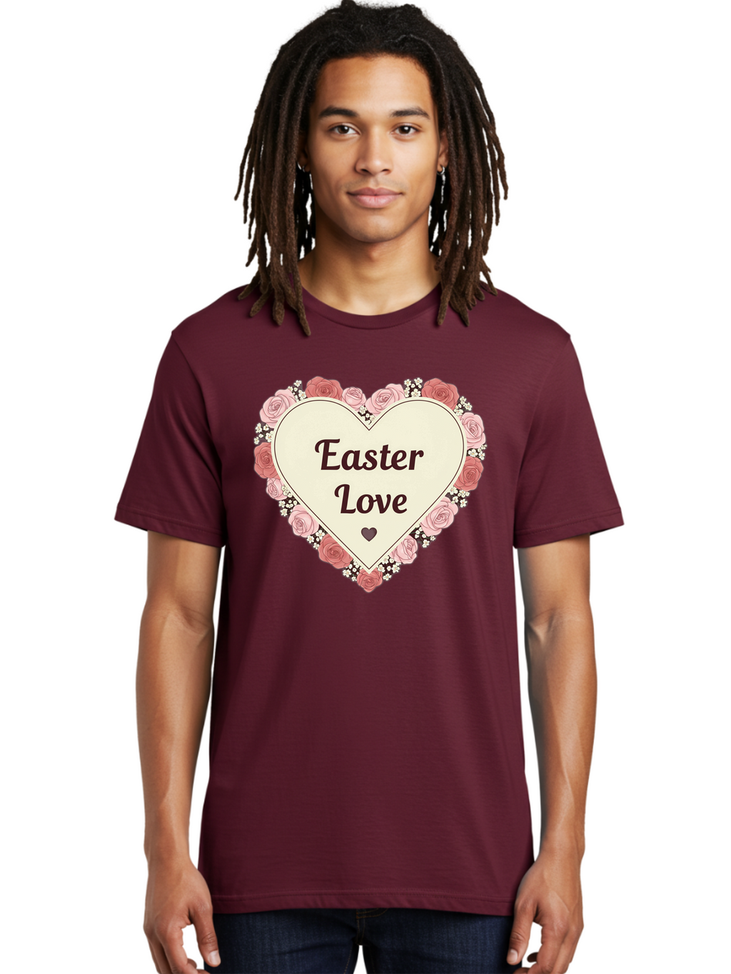 Easter-Love Men'S Graphic Tee, 100% Cotton, Comfortable Casual Summer Wear, Machine Washable, Easter Love, Heart-Shaped Frame, Pink Roses, Floral Wreath, Love Message, Small Green Heart, Easter Theme, Romantic Easter, Spring Flowers, Baa631