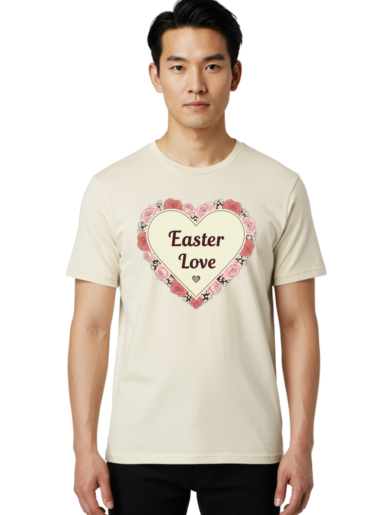 Easter-Love Men'S Graphic Tee, 100% Cotton, Comfortable Casual Summer Wear, Machine Washable, Easter Love, Heart-Shaped Frame, Pink Roses, Floral Wreath, Love Message, Small Green Heart, Easter Theme, Romantic Easter, Spring Flowers, Baa631