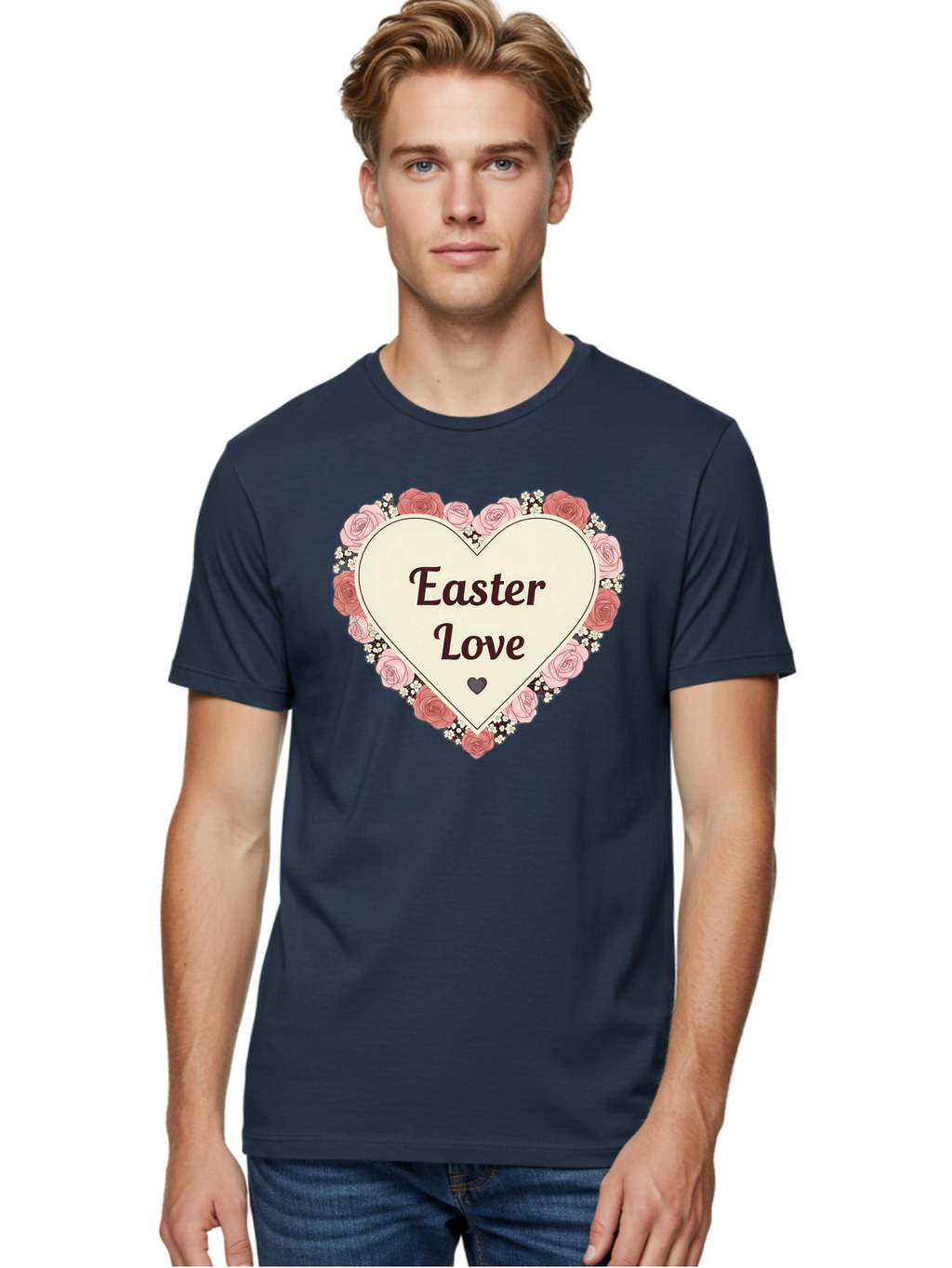 Easter-Love Men'S Graphic Tee, 100% Cotton, Comfortable Casual Summer Wear, Machine Washable, Easter Love, Heart-Shaped Frame, Pink Roses, Floral Wreath, Love Message, Small Green Heart, Easter Theme, Romantic Easter, Spring Flowers, Baa631