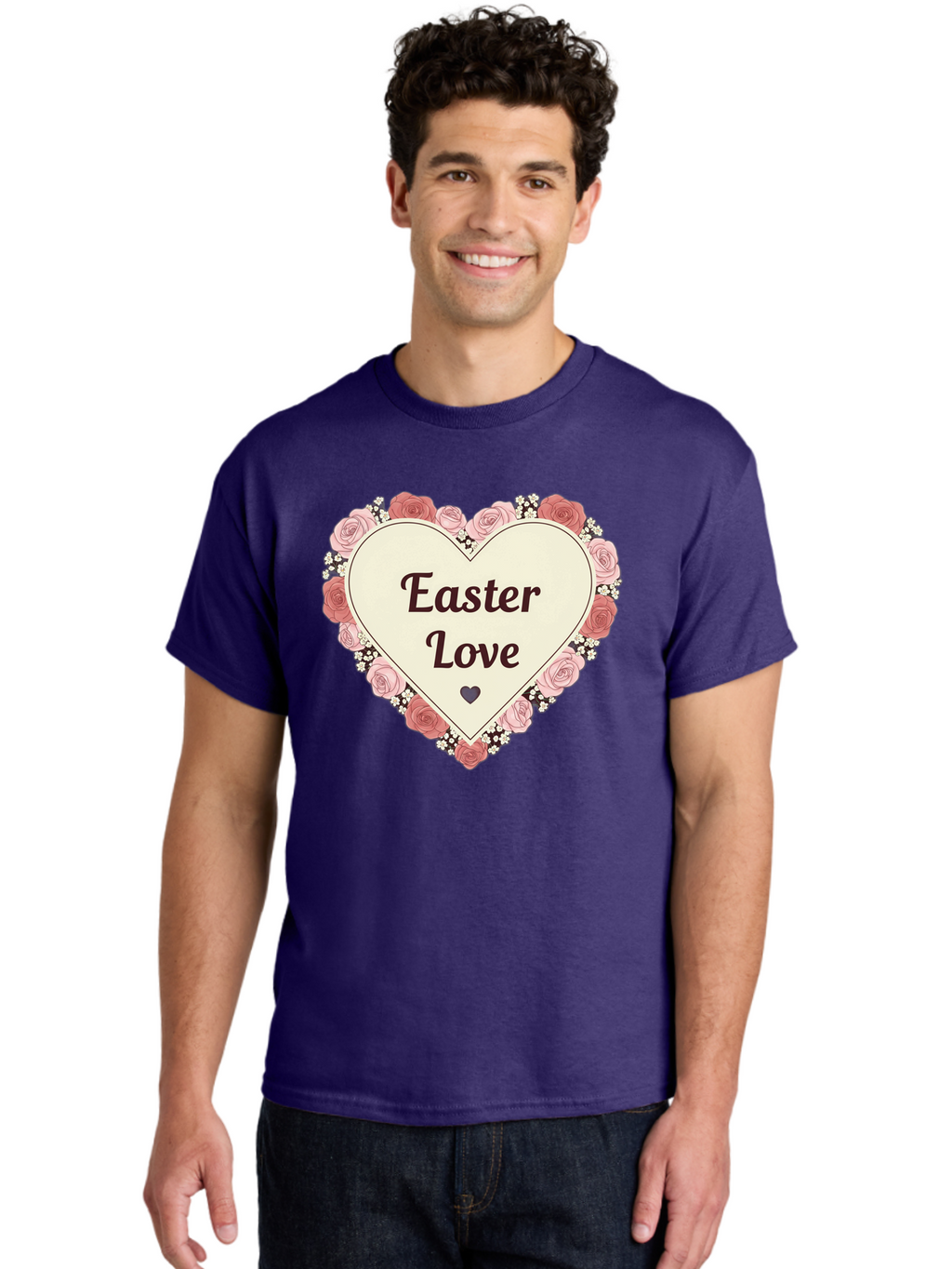 Easter-Love Men'S Graphic Tee, 100% Cotton, Comfortable Casual Summer Wear, Machine Washable, Easter Love, Heart-Shaped Frame, Pink Roses, Floral Wreath, Love Message, Small Green Heart, Easter Theme, Romantic Easter, Spring Flowers, Baa631