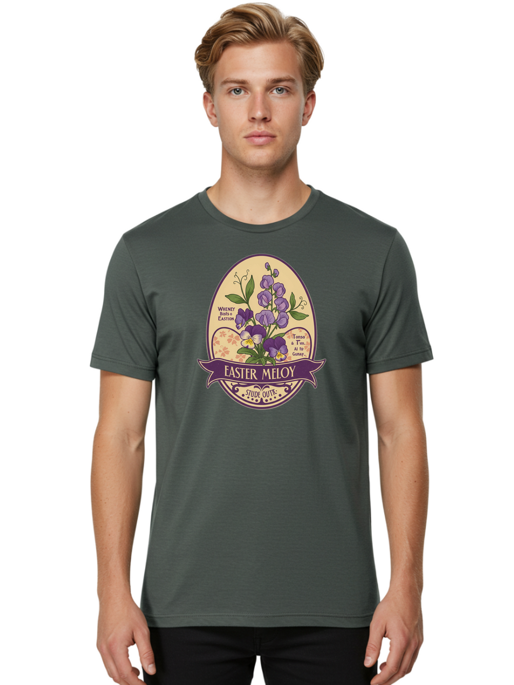 Easter-Meloy Men'S Graphic Tee, 100% Cotton, Comfortable Casual Summer Wear, Machine Washable, Purple Violets, Easter Flowers, Floral Illustration, Vintage Design, Easter Meloy, Poetic Verse, Blooming Flowers, Floral Arrangement, Baa632