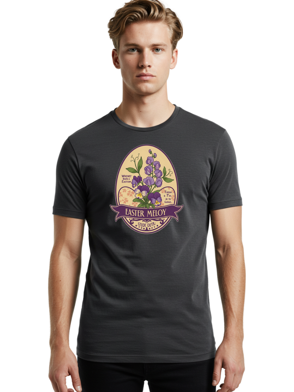 Easter-Meloy Men'S Graphic Tee, 100% Cotton, Comfortable Casual Summer Wear, Machine Washable, Purple Violets, Easter Flowers, Floral Illustration, Vintage Design, Easter Meloy, Poetic Verse, Blooming Flowers, Floral Arrangement, Baa632