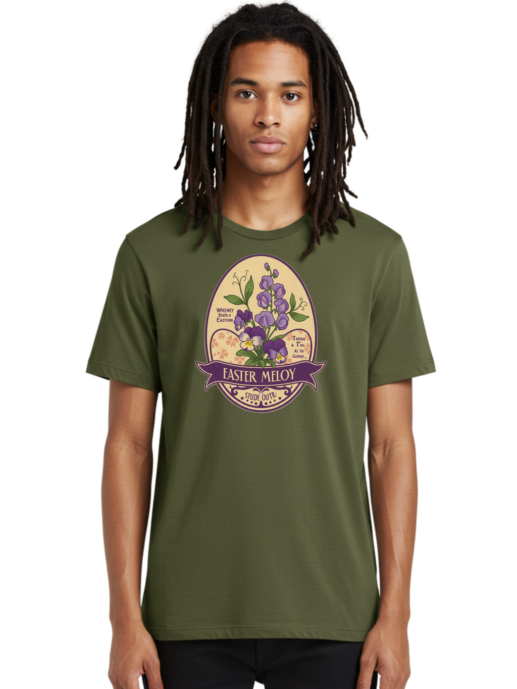 Easter-Meloy Men'S Graphic Tee, 100% Cotton, Comfortable Casual Summer Wear, Machine Washable, Purple Violets, Easter Flowers, Floral Illustration, Vintage Design, Easter Meloy, Poetic Verse, Blooming Flowers, Floral Arrangement, Baa632