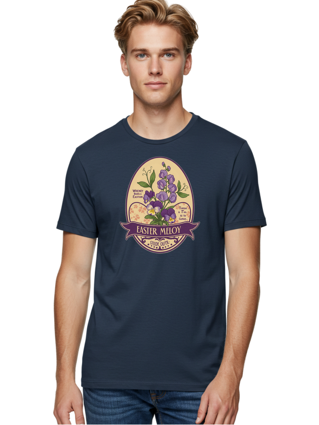 Easter-Meloy Men'S Graphic Tee, 100% Cotton, Comfortable Casual Summer Wear, Machine Washable, Purple Violets, Easter Flowers, Floral Illustration, Vintage Design, Easter Meloy, Poetic Verse, Blooming Flowers, Floral Arrangement, Baa632