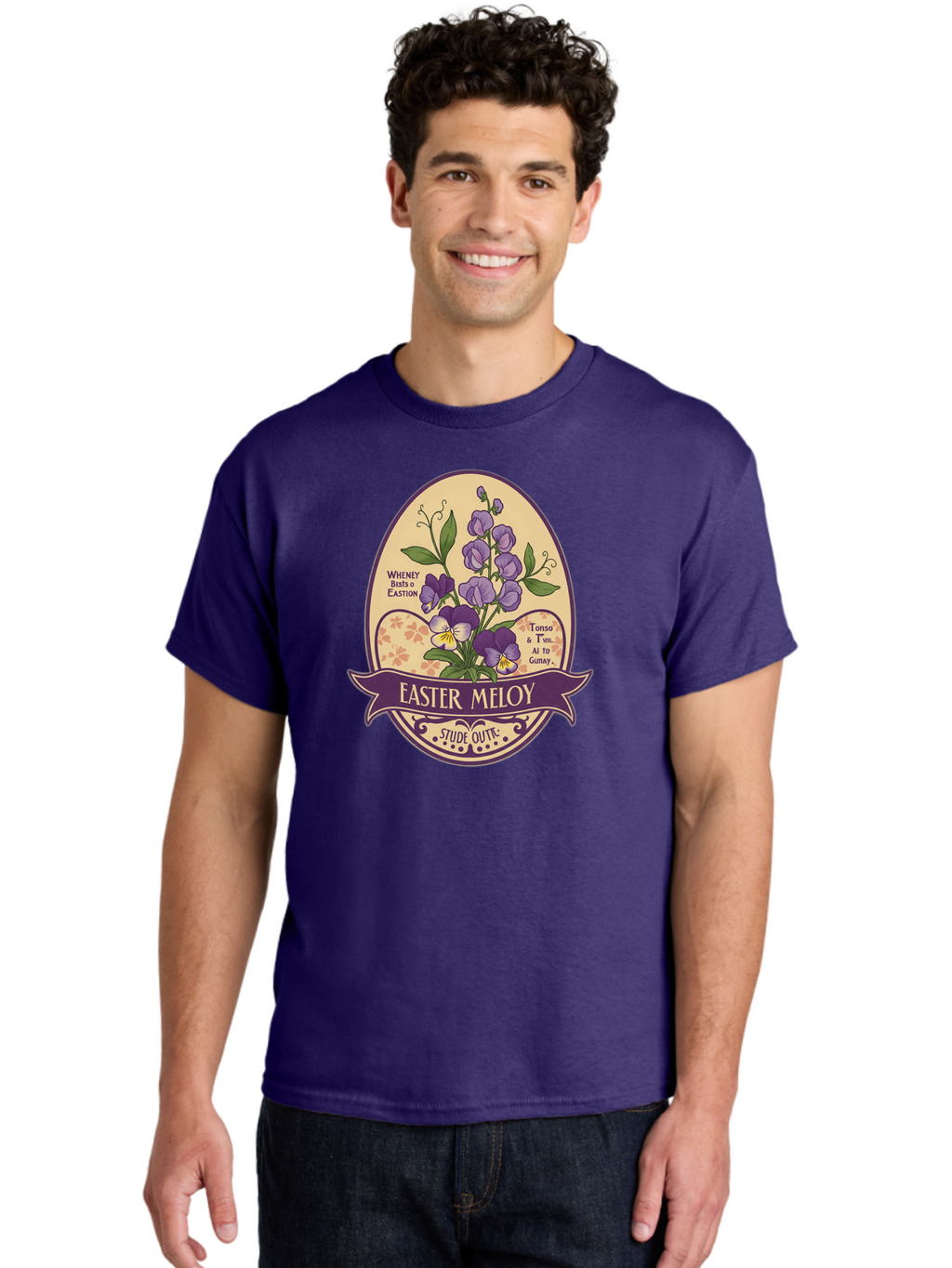 Easter-Meloy Men'S Graphic Tee, 100% Cotton, Comfortable Casual Summer Wear, Machine Washable, Purple Violets, Easter Flowers, Floral Illustration, Vintage Design, Easter Meloy, Poetic Verse, Blooming Flowers, Floral Arrangement, Baa632