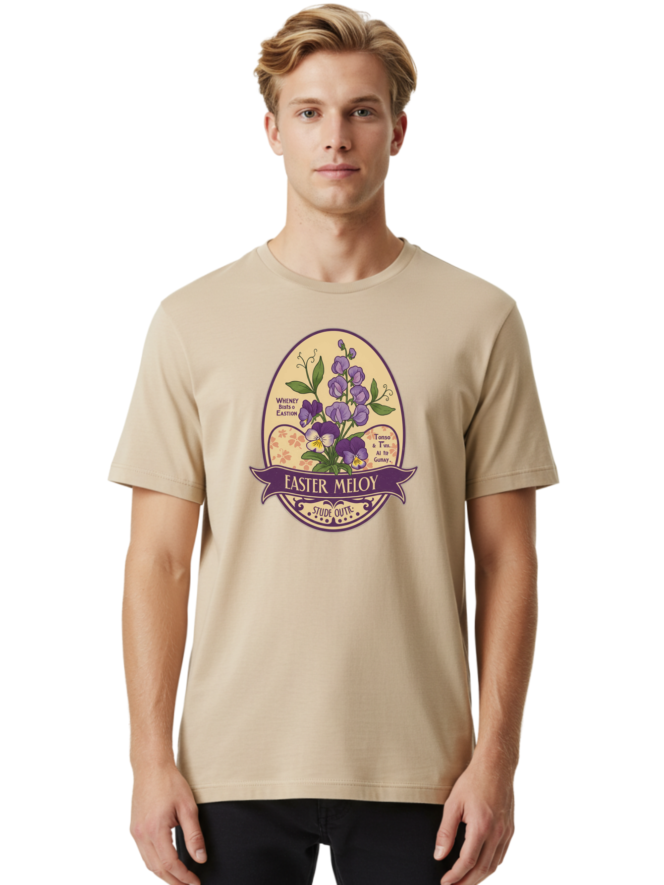 Easter-Meloy Men'S Graphic Tee, 100% Cotton, Comfortable Casual Summer Wear, Machine Washable, Purple Violets, Easter Flowers, Floral Illustration, Vintage Design, Easter Meloy, Poetic Verse, Blooming Flowers, Floral Arrangement, Baa632