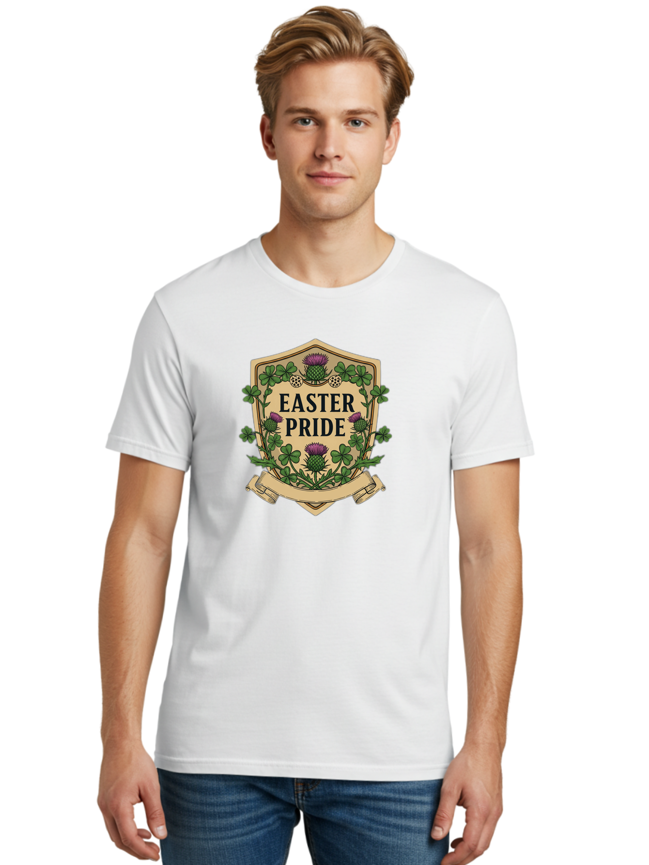 Easter-Pride Men'S Graphic Tee, 100% Cotton, Comfortable Casual Summer Wear, Machine Washable, Shamrocks, Purple Thistles, Easter Flowers, Floral Wreath, Vintage Badge, Easter Theme, Celtic Symbols, Festive Design, Spring Flowers Baa633