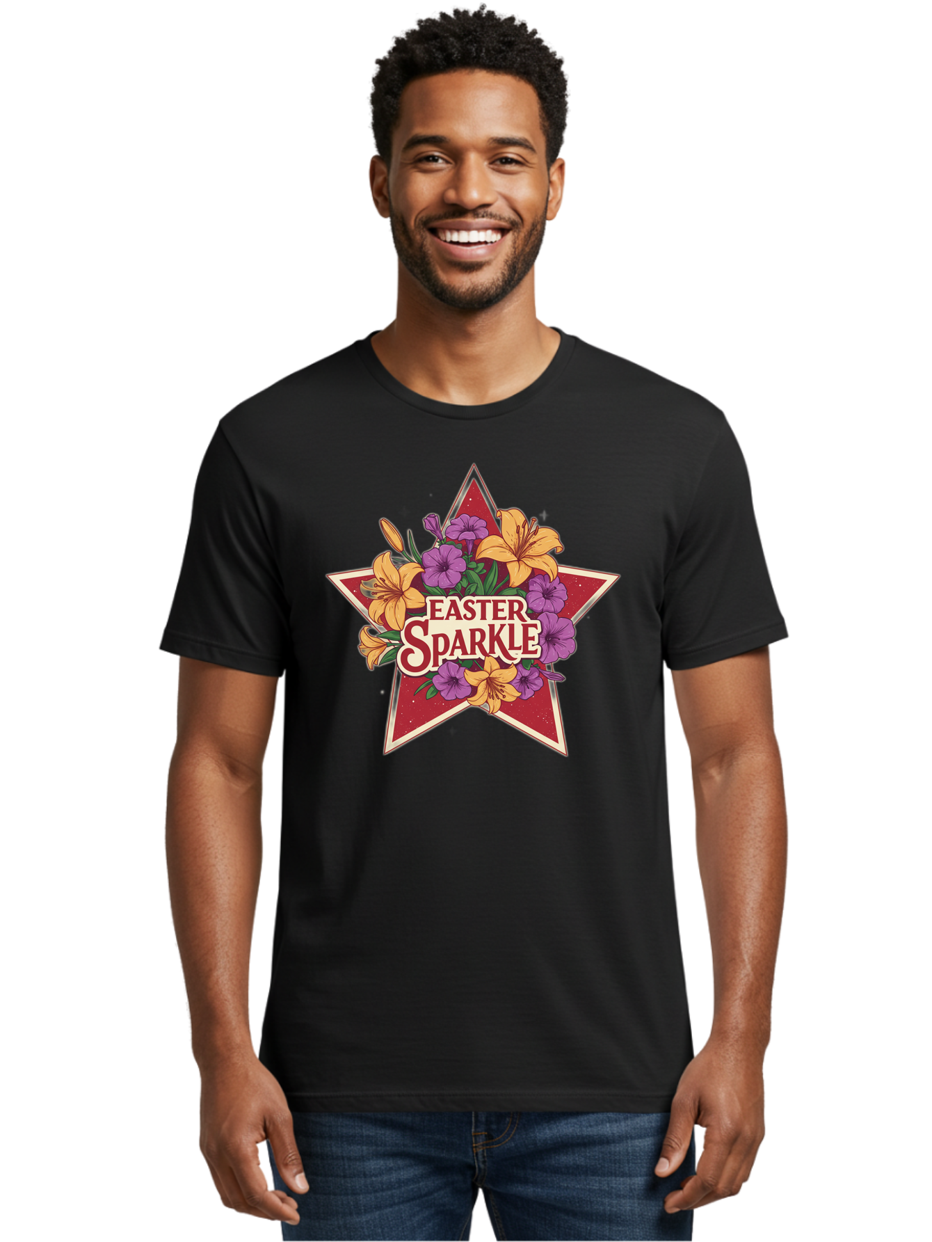 Easter-Sparkle Men'S Graphic Tee, 100% Cotton, Comfortable Casual Summer Wear, Machine Washable, Easter Sparkle, Yellow Lilies, Purple Flowers, Floral Arrangement, Red Star, Festive Design, Spring Celebration, Easter Decorations, Baa634
