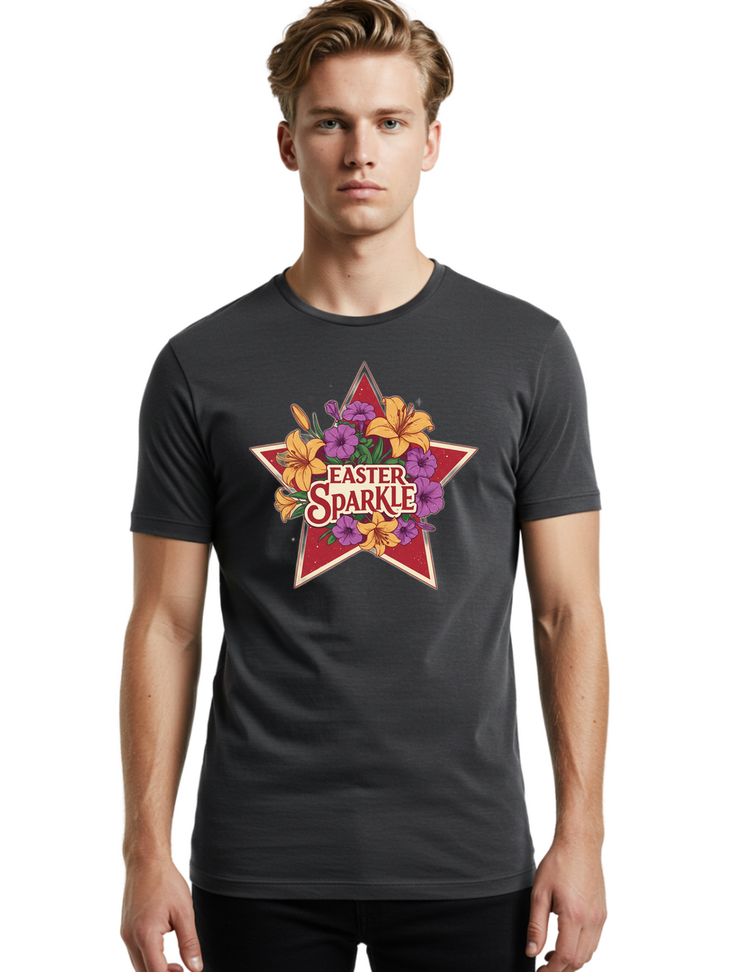Easter-Sparkle Men'S Graphic Tee, 100% Cotton, Comfortable Casual Summer Wear, Machine Washable, Easter Sparkle, Yellow Lilies, Purple Flowers, Floral Arrangement, Red Star, Festive Design, Spring Celebration, Easter Decorations, Baa634