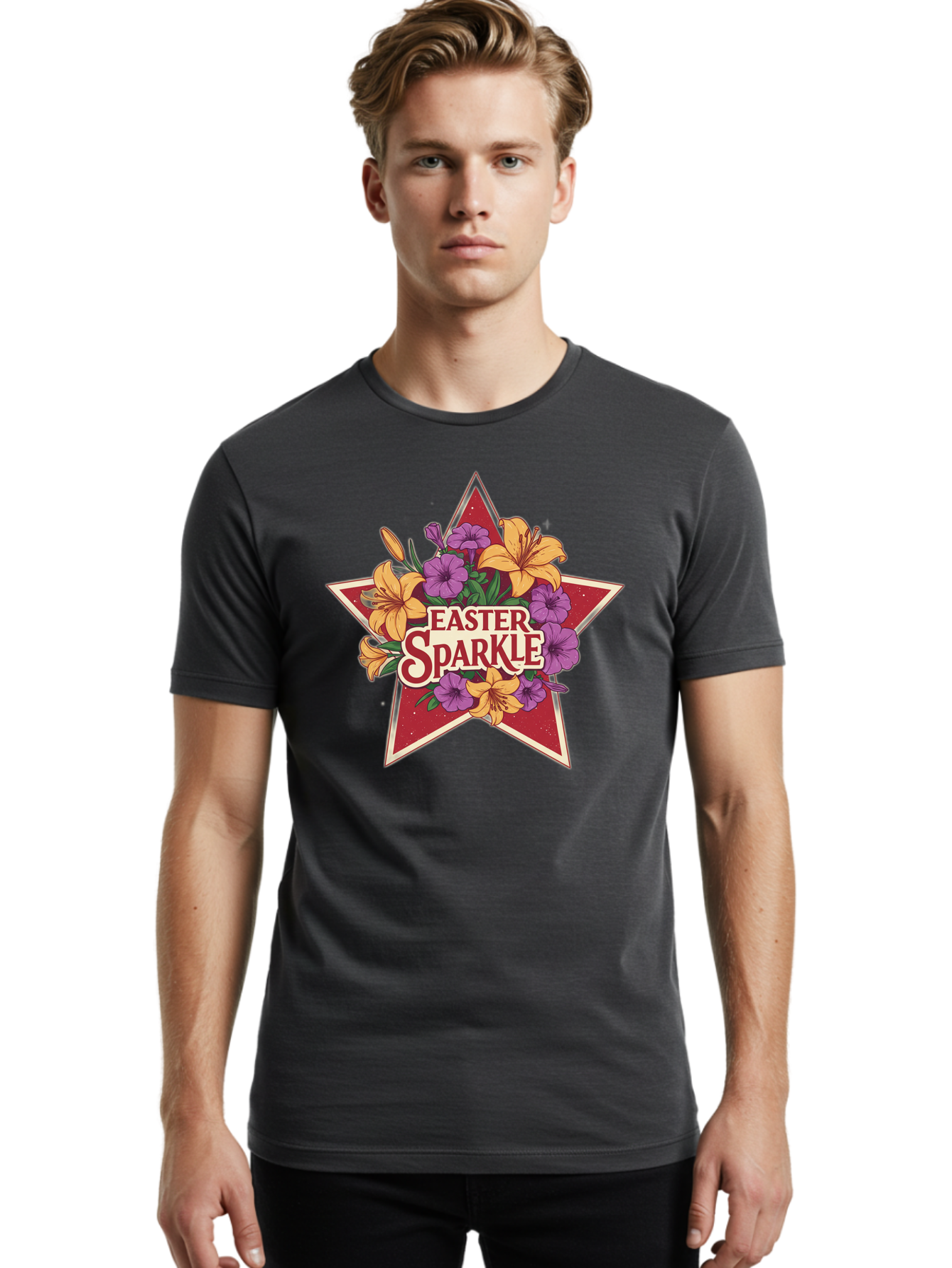 Easter-Sparkle Men'S Graphic Tee, 100% Cotton, Comfortable Casual Summer Wear, Machine Washable, Easter Sparkle, Yellow Lilies, Purple Flowers, Floral Arrangement, Red Star, Festive Design, Spring Celebration, Easter Decorations, Baa634