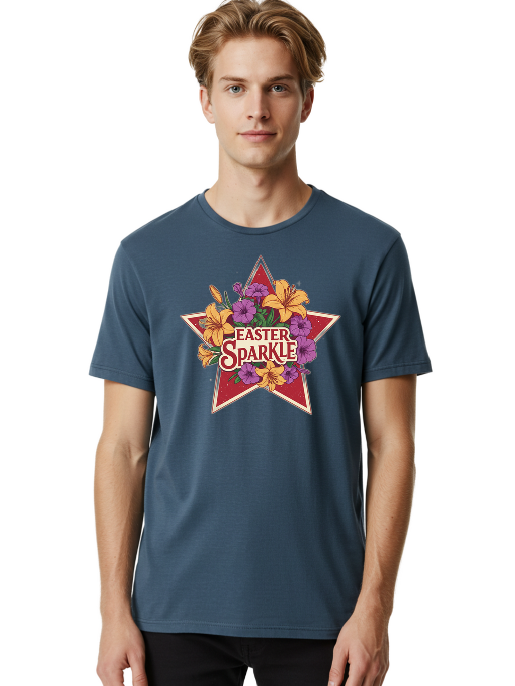Easter-Sparkle Men'S Graphic Tee, 100% Cotton, Comfortable Casual Summer Wear, Machine Washable, Easter Sparkle, Yellow Lilies, Purple Flowers, Floral Arrangement, Red Star, Festive Design, Spring Celebration, Easter Decorations, Baa634