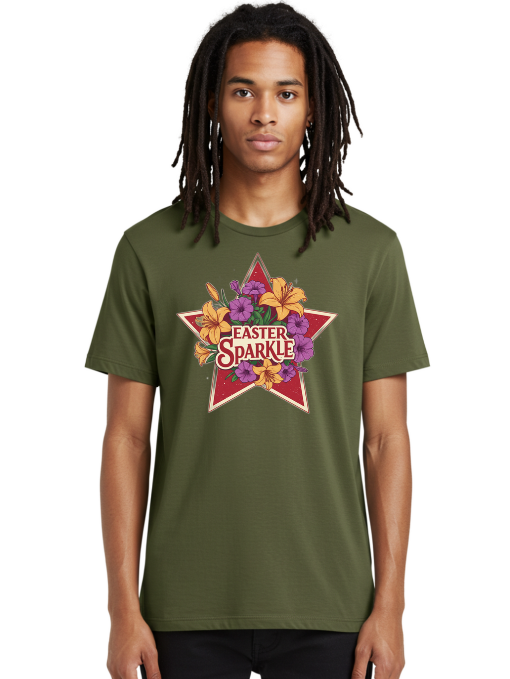 Easter-Sparkle Men'S Graphic Tee, 100% Cotton, Comfortable Casual Summer Wear, Machine Washable, Easter Sparkle, Yellow Lilies, Purple Flowers, Floral Arrangement, Red Star, Festive Design, Spring Celebration, Easter Decorations, Baa634