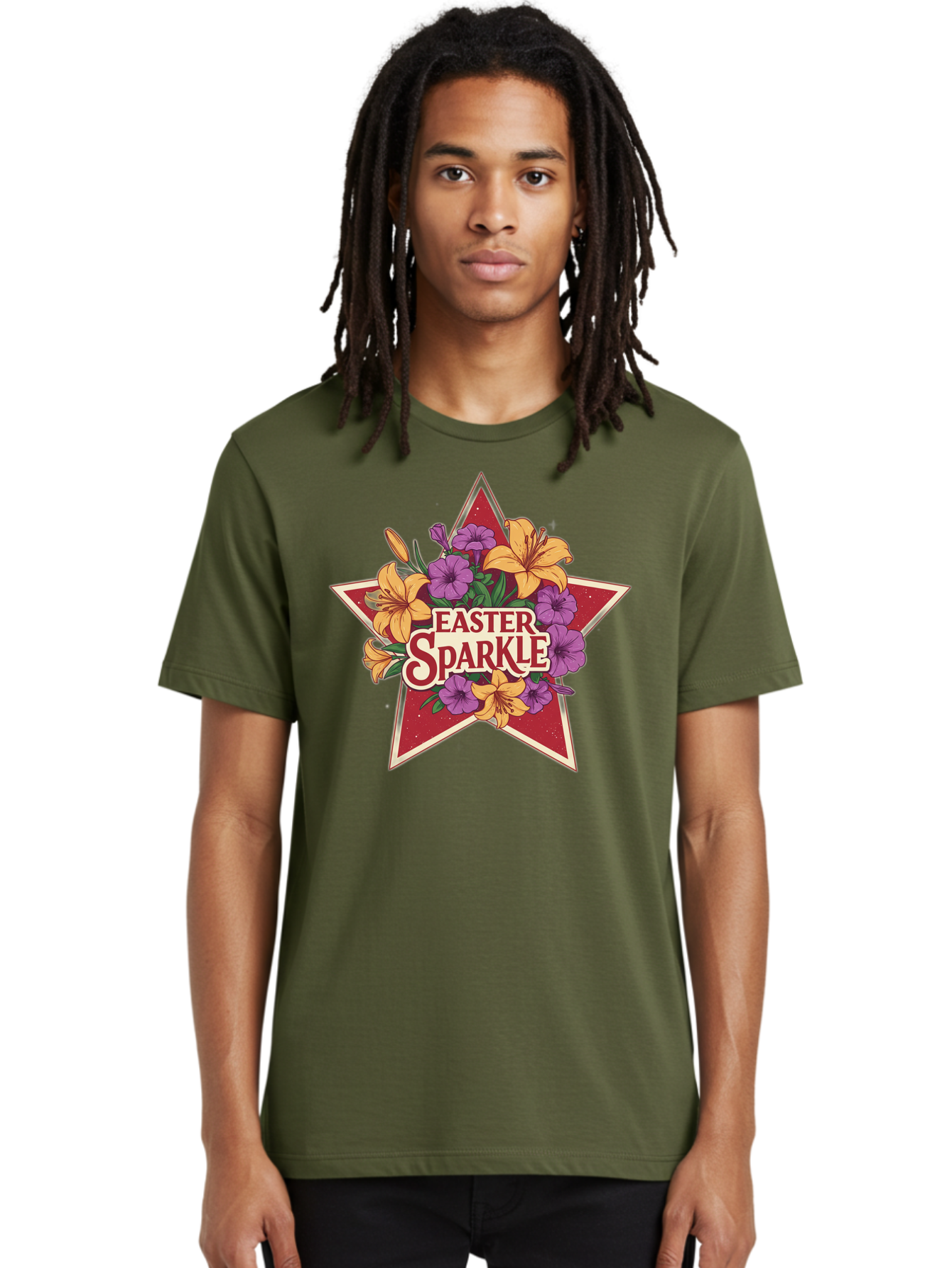 Easter-Sparkle Men'S Graphic Tee, 100% Cotton, Comfortable Casual Summer Wear, Machine Washable, Easter Sparkle, Yellow Lilies, Purple Flowers, Floral Arrangement, Red Star, Festive Design, Spring Celebration, Easter Decorations, Baa634