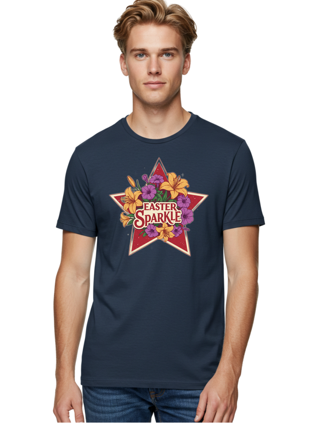 Easter-Sparkle Men'S Graphic Tee, 100% Cotton, Comfortable Casual Summer Wear, Machine Washable, Easter Sparkle, Yellow Lilies, Purple Flowers, Floral Arrangement, Red Star, Festive Design, Spring Celebration, Easter Decorations, Baa634
