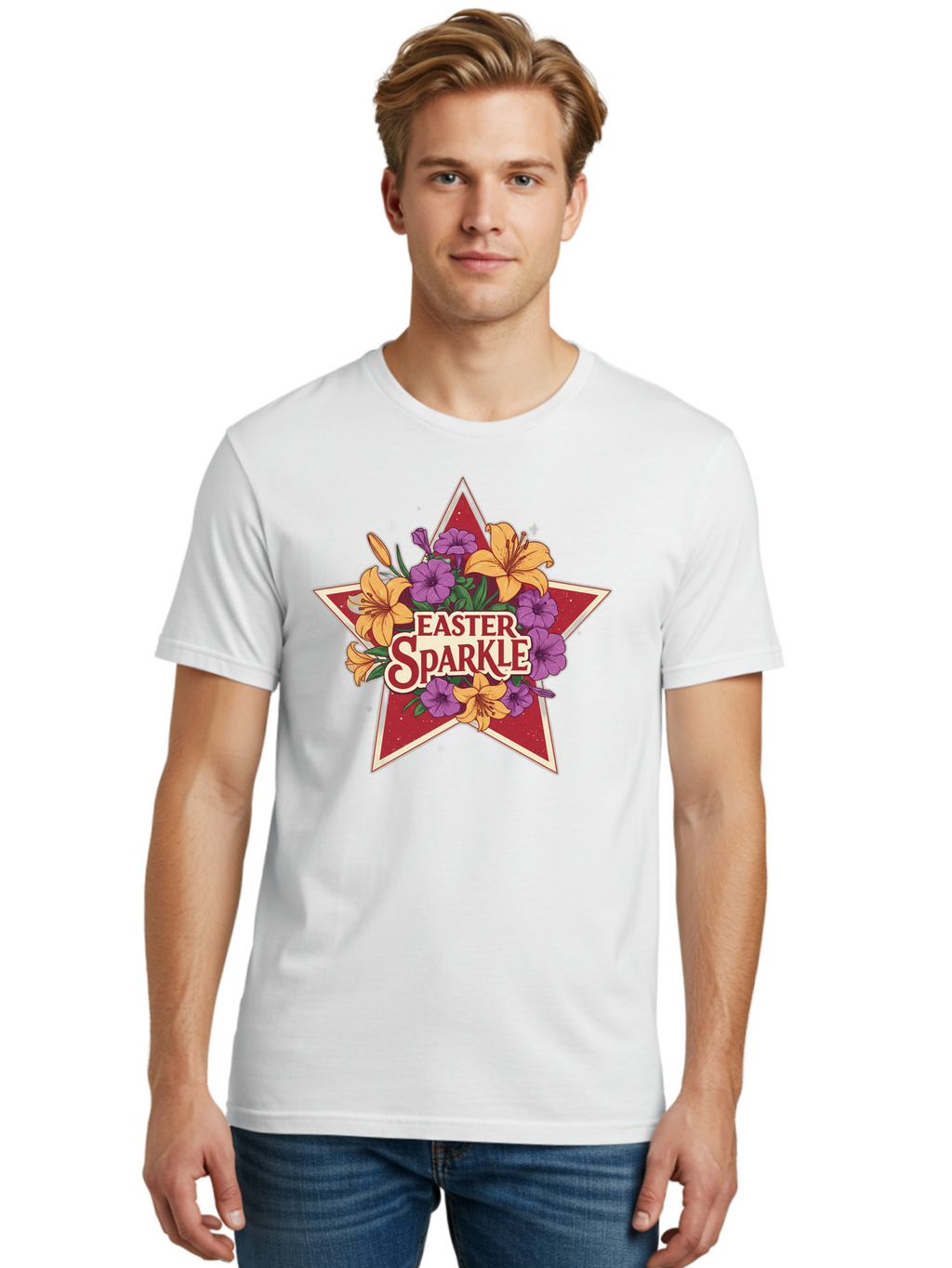 Easter-Sparkle Men'S Graphic Tee, 100% Cotton, Comfortable Casual Summer Wear, Machine Washable, Easter Sparkle, Yellow Lilies, Purple Flowers, Floral Arrangement, Red Star, Festive Design, Spring Celebration, Easter Decorations, Baa634