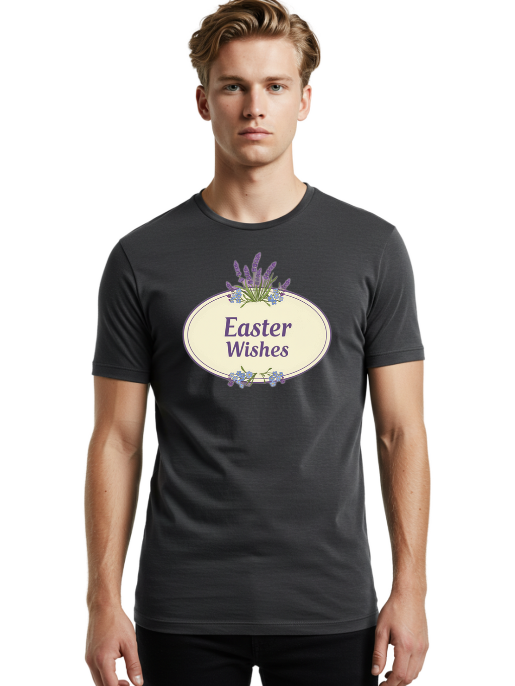 Easter-Wishes Men'S Graphic Tee, 100% Cotton, Comfortable Casual Summer Wear, Machine Washable, Easter Wishes, Easter Greeting Card, Spring Flowers, Floral Decoration, Purple Flowers, Lavender, Easter Message, Holiday Card, Festive Design, Baa635