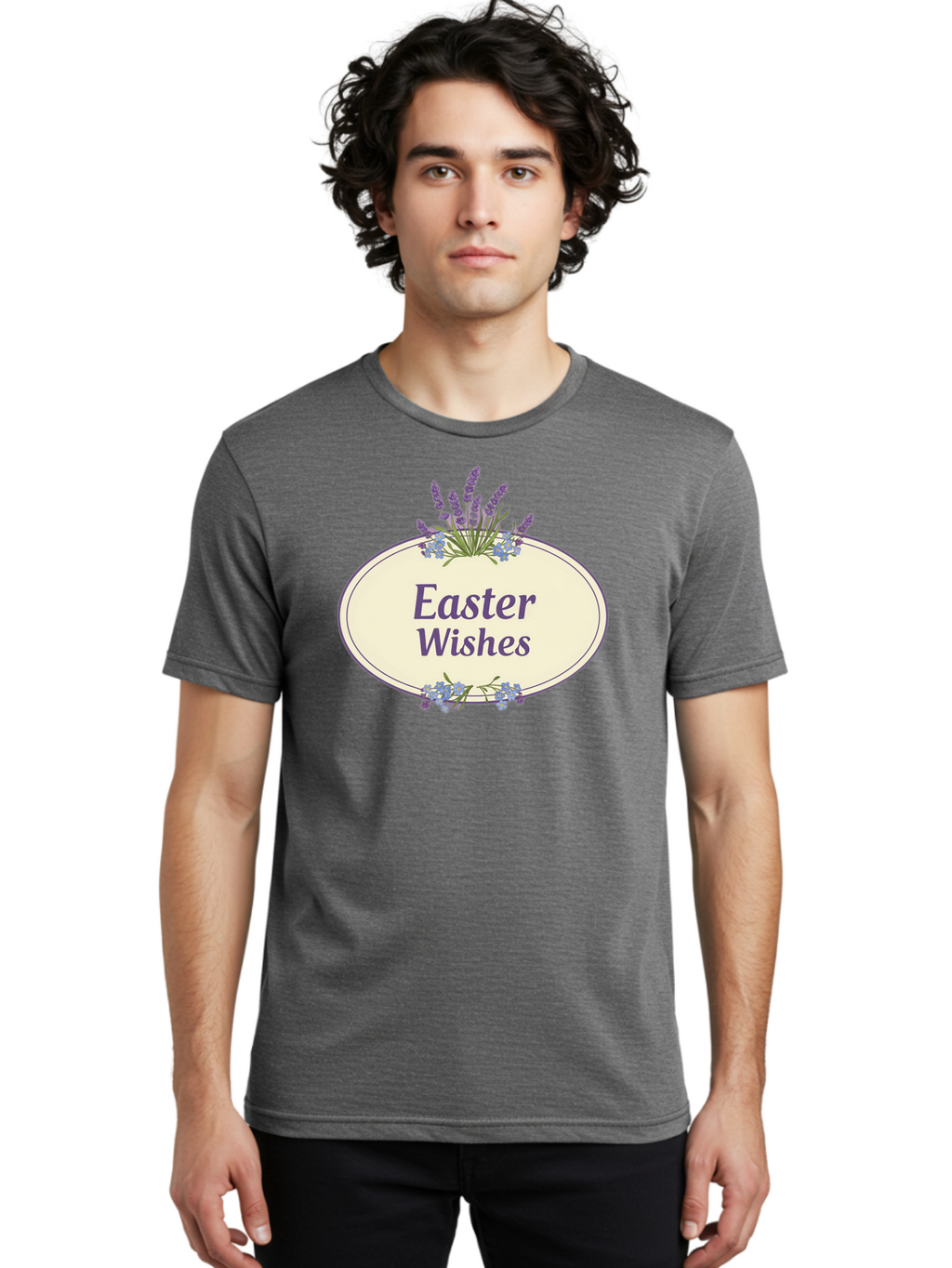 Easter-Wishes Men'S Graphic Tee, 100% Cotton, Comfortable Casual Summer Wear, Machine Washable, Easter Wishes, Easter Greeting Card, Spring Flowers, Floral Decoration, Purple Flowers, Lavender, Easter Message, Holiday Card, Festive Design, Baa635