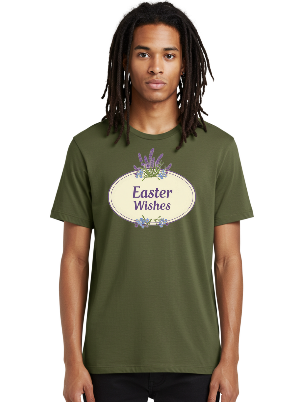 Easter-Wishes Men'S Graphic Tee, 100% Cotton, Comfortable Casual Summer Wear, Machine Washable, Easter Wishes, Easter Greeting Card, Spring Flowers, Floral Decoration, Purple Flowers, Lavender, Easter Message, Holiday Card, Festive Design, Baa635