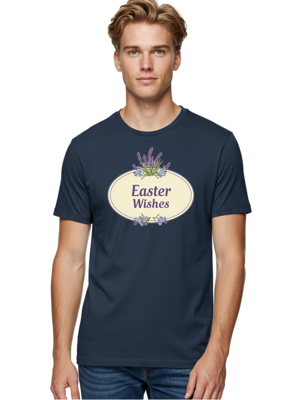 Easter-Wishes Men'S Graphic Tee, 100% Cotton, Comfortable Casual Summer Wear, Machine Washable, Easter Wishes, Easter Greeting Card, Spring Flowers, Floral Decoration, Purple Flowers, Lavender, Easter Message, Holiday Card, Festive Design, Baa635