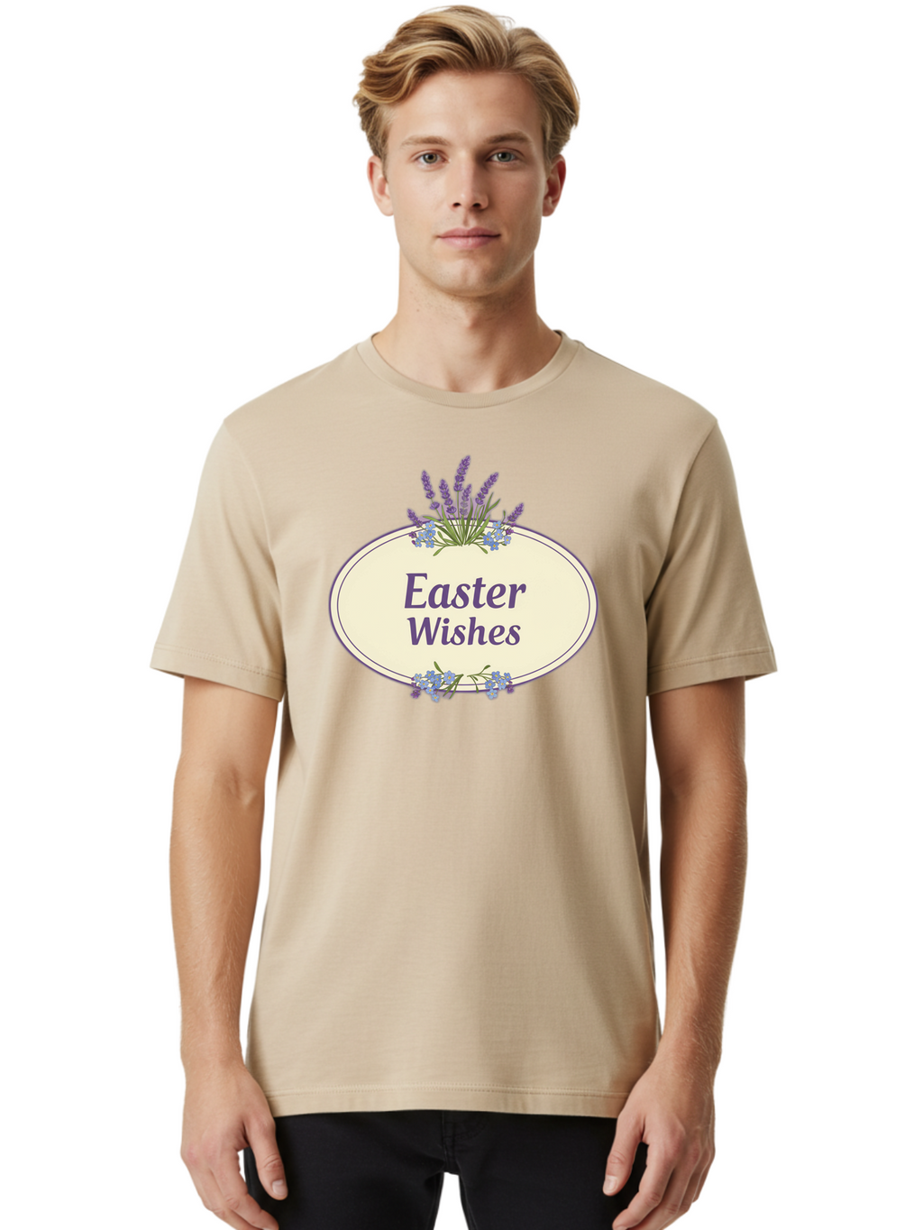 Easter-Wishes Men'S Graphic Tee, 100% Cotton, Comfortable Casual Summer Wear, Machine Washable, Easter Wishes, Easter Greeting Card, Spring Flowers, Floral Decoration, Purple Flowers, Lavender, Easter Message, Holiday Card, Festive Design, Baa635