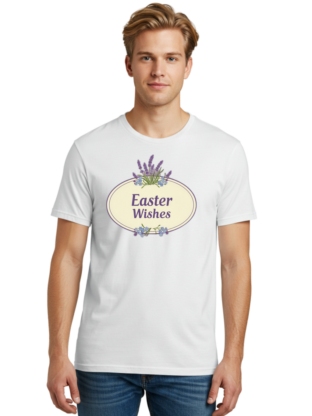 Easter-Wishes Men'S Graphic Tee, 100% Cotton, Comfortable Casual Summer Wear, Machine Washable, Easter Wishes, Easter Greeting Card, Spring Flowers, Floral Decoration, Purple Flowers, Lavender, Easter Message, Holiday Card, Festive Design, Baa635