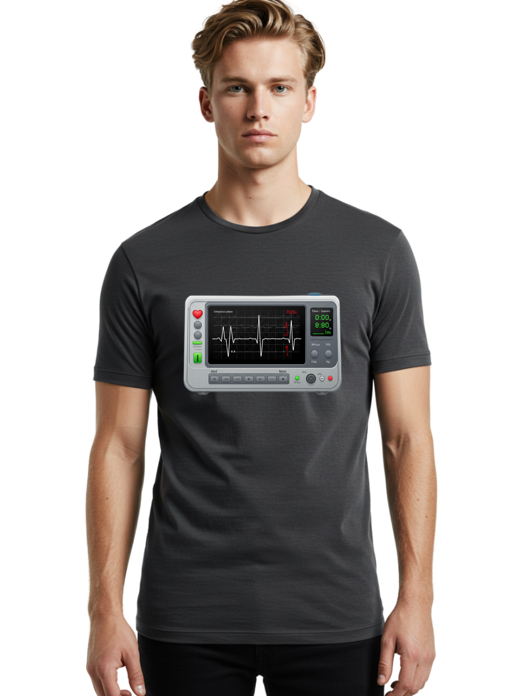 Ecg-Monitor Men'S Graphic Tee, 100% Cotton, Comfortable Casual Summer Wear, Machine Washable, Electrocardiogram Machine, Heart Rate Monitor, Medical Device, Cardiac Rhythm, Bpm Display, Health Technology, Patient Monitoring, Baa636