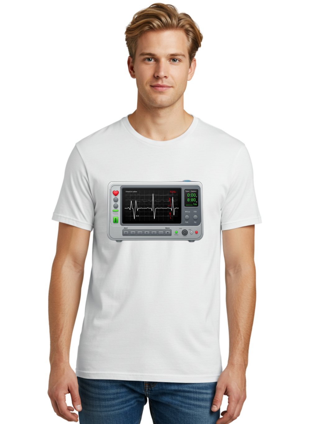 Ecg-Monitor Men'S Graphic Tee, 100% Cotton, Comfortable Casual Summer Wear, Machine Washable, Electrocardiogram Machine, Heart Rate Monitor, Medical Device, Cardiac Rhythm, Bpm Display, Health Technology, Patient Monitoring, Baa636