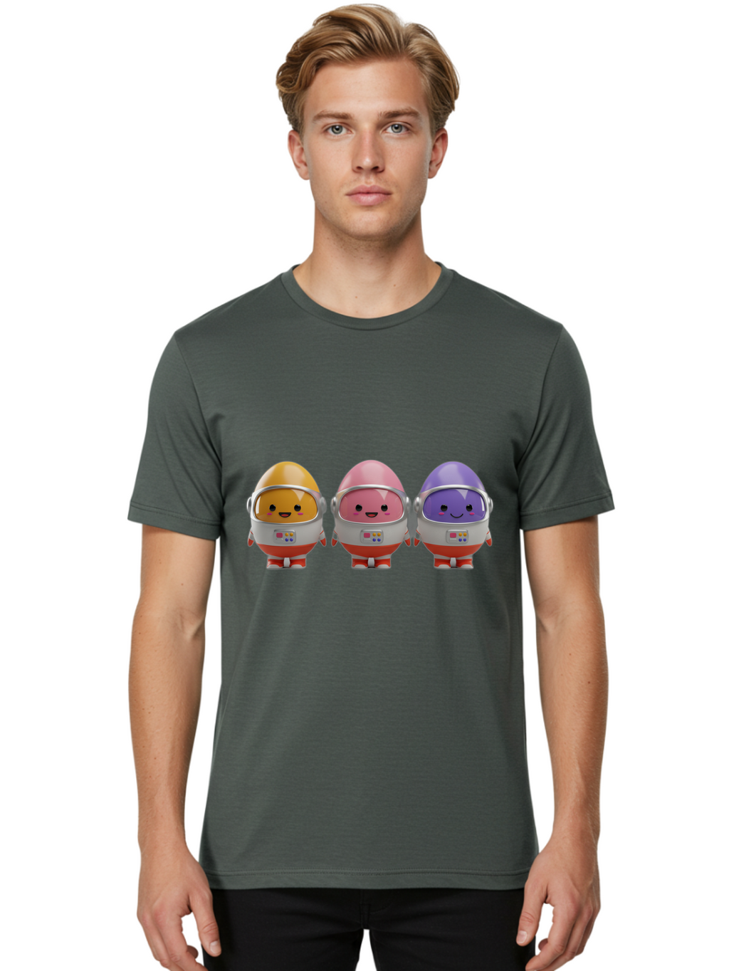 Egg-Astronauts Men'S Graphic Tee, 100% Cotton, Comfortable Casual Summer Wear, Machine Washable, Cartoon Eggs, Space Astronauts, Colorful Characters, Happy Faces, Silver Helmets, Red Boots, Futuristic Design, Playful Illustration, Cute Robots, Baa639