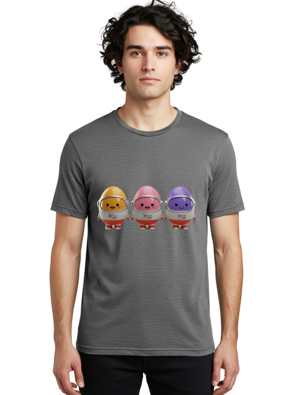 Egg-Astronauts Men'S Graphic Tee, 100% Cotton, Comfortable Casual Summer Wear, Machine Washable, Cartoon Eggs, Space Astronauts, Colorful Characters, Happy Faces, Silver Helmets, Red Boots, Futuristic Design, Playful Illustration, Cute Robots, Baa639