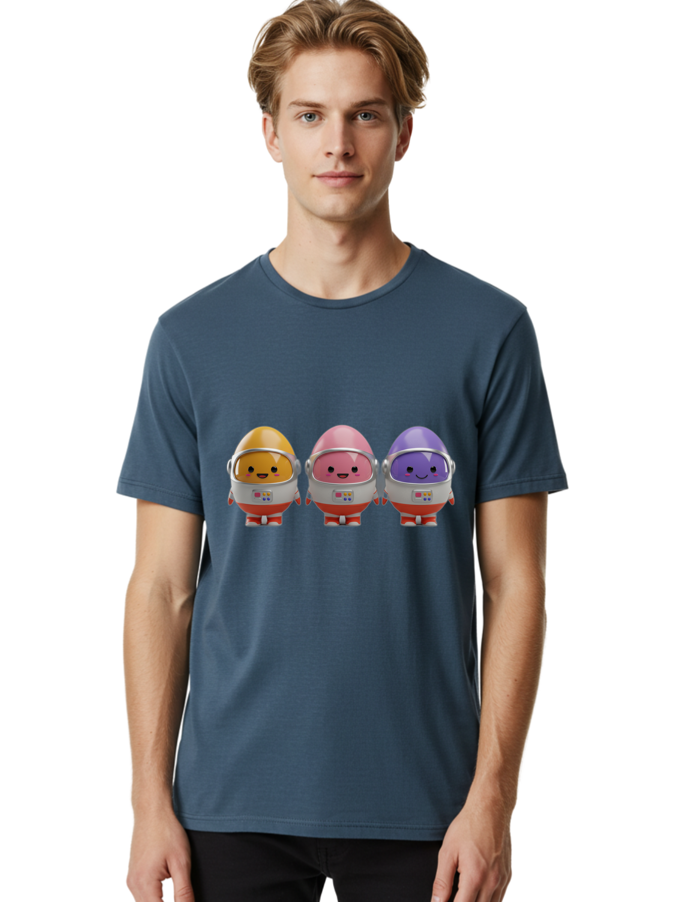 Egg-Astronauts Men'S Graphic Tee, 100% Cotton, Comfortable Casual Summer Wear, Machine Washable, Cartoon Eggs, Space Astronauts, Colorful Characters, Happy Faces, Silver Helmets, Red Boots, Futuristic Design, Playful Illustration, Cute Robots, Baa639