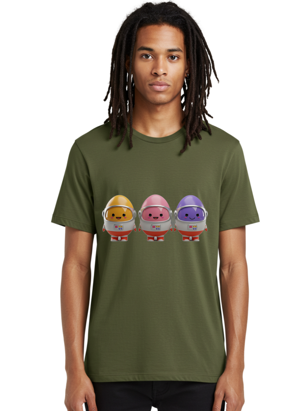 Egg-Astronauts Men'S Graphic Tee, 100% Cotton, Comfortable Casual Summer Wear, Machine Washable, Cartoon Eggs, Space Astronauts, Colorful Characters, Happy Faces, Silver Helmets, Red Boots, Futuristic Design, Playful Illustration, Cute Robots, Baa639