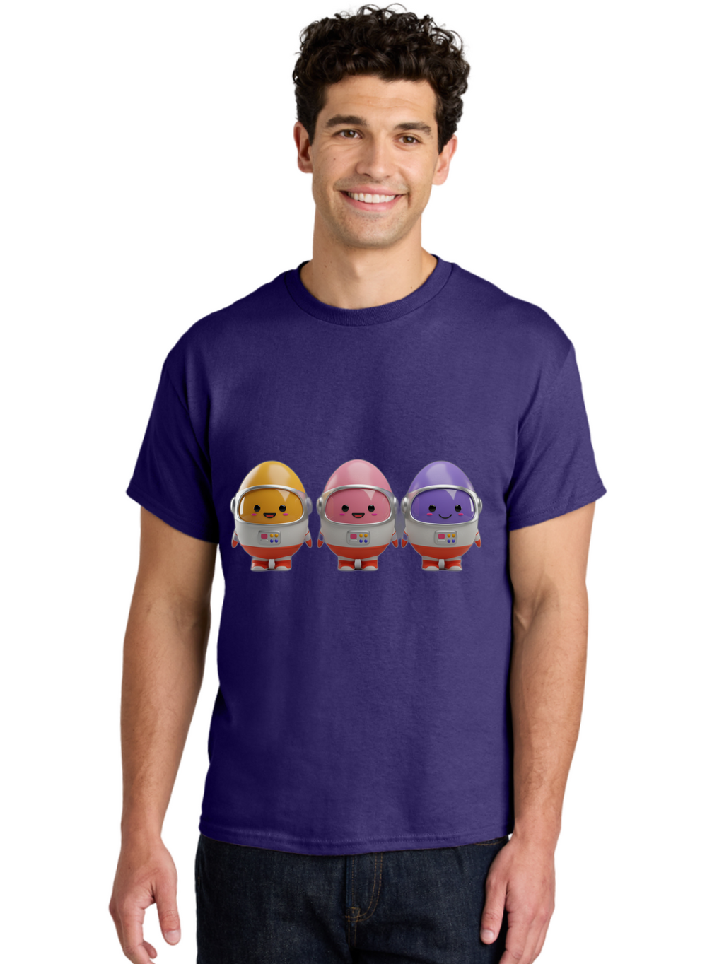 Egg-Astronauts Men'S Graphic Tee, 100% Cotton, Comfortable Casual Summer Wear, Machine Washable, Cartoon Eggs, Space Astronauts, Colorful Characters, Happy Faces, Silver Helmets, Red Boots, Futuristic Design, Playful Illustration, Cute Robots, Baa639