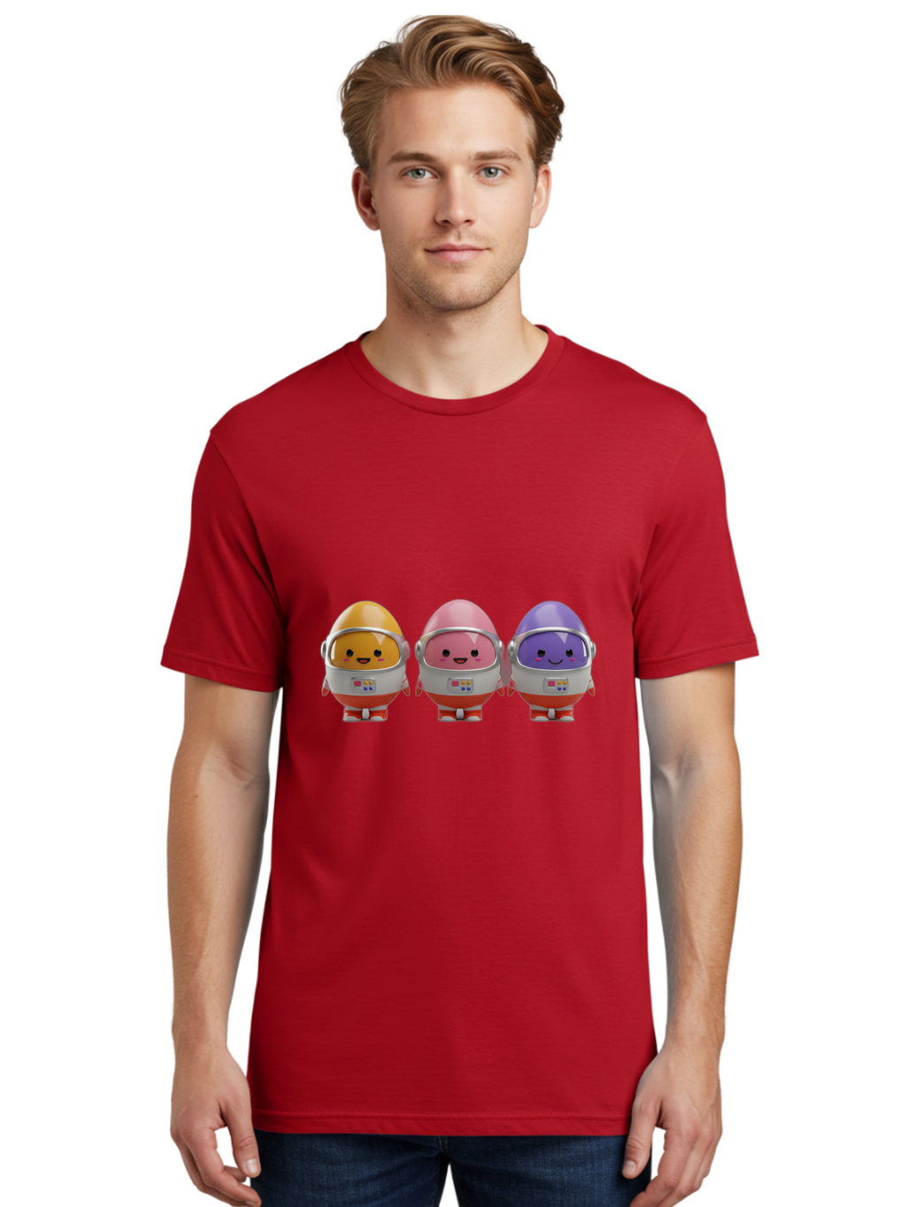 Egg-Astronauts Men'S Graphic Tee, 100% Cotton, Comfortable Casual Summer Wear, Machine Washable, Cartoon Eggs, Space Astronauts, Colorful Characters, Happy Faces, Silver Helmets, Red Boots, Futuristic Design, Playful Illustration, Cute Robots, Baa639