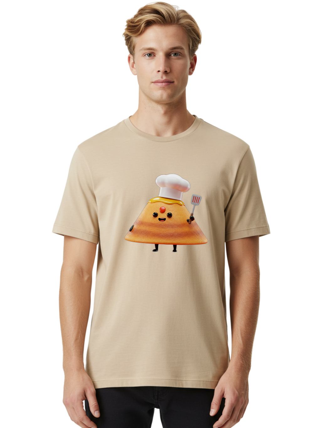 Egg-Character Men'S Graphic Tee, 100% Cotton, Comfortable Casual Summer Wear, Machine Washable, Fried Egg Cartoon Character, Chef Hat, Spatula, Cooking Utensils, Cute Face, Smiling Egg, Black Legs, Kitchen Illustration, Foodie Graphics, Baa640