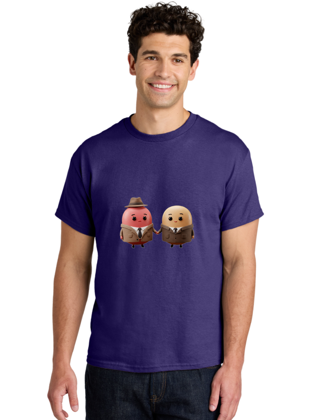 Egg-Detectives Men'S Graphic Tee, 100% Cotton, Comfortable Casual Summer Wear, Machine Washable, Cartoon Eggs In Suits, Holding Hands, 3D Characters, Whimsical Design, Comedic Relief, Funny Illustration, Quirky Friendship Baa641