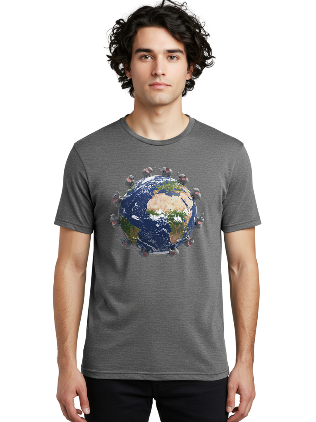 Elephants-Holding-Earth Men'S Graphic Tee, 100% Cotton, Comfortable Casual Summer Wear, Machine Washable, Elephants Surrounding The Earth, Global Unity, Conservation Efforts, Wildlife Protection, Animal Lovers, Earth'S Beauty, Baa644