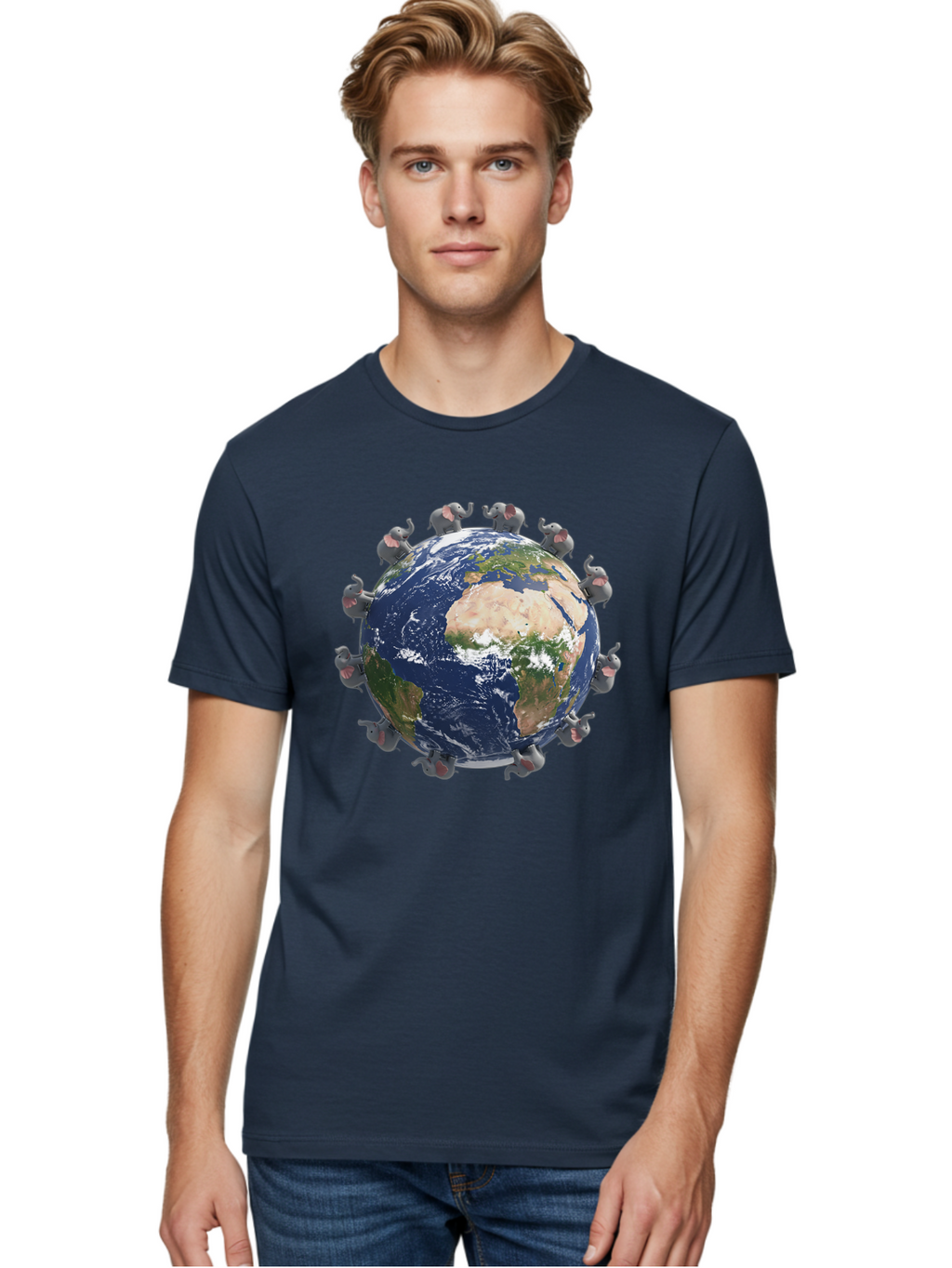 Elephants-Holding-Earth Men'S Graphic Tee, 100% Cotton, Comfortable Casual Summer Wear, Machine Washable, Elephants Surrounding The Earth, Global Unity, Conservation Efforts, Wildlife Protection, Animal Lovers, Earth'S Beauty, Baa644