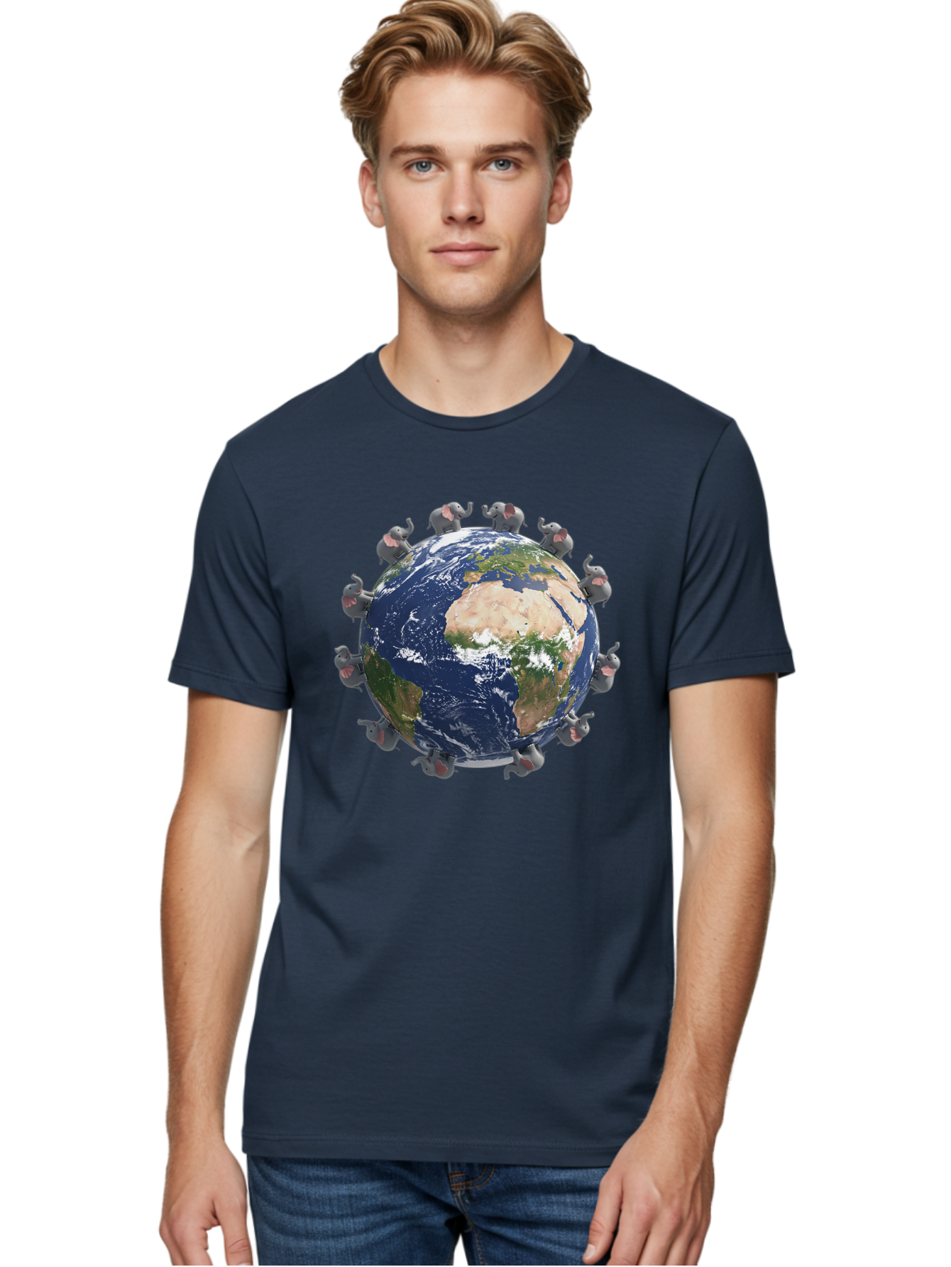 Elephants-Holding-Earth Men'S Graphic Tee, 100% Cotton, Comfortable Casual Summer Wear, Machine Washable, Elephants Surrounding The Earth, Global Unity, Conservation Efforts, Wildlife Protection, Animal Lovers, Earth'S Beauty, Baa644