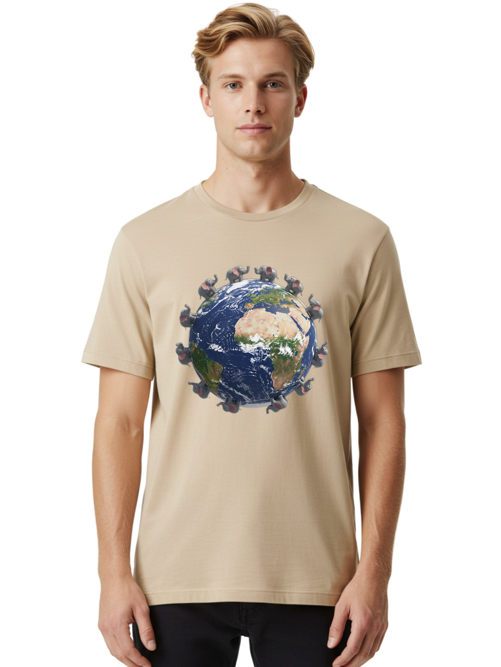Elephants-Holding-Earth Men'S Graphic Tee, 100% Cotton, Comfortable Casual Summer Wear, Machine Washable, Elephants Surrounding The Earth, Global Unity, Conservation Efforts, Wildlife Protection, Animal Lovers, Earth'S Beauty, Baa644