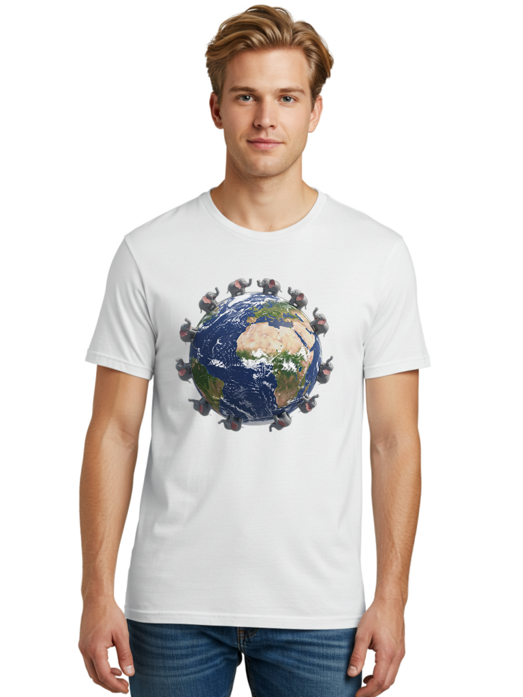 Elephants-Holding-Earth Men'S Graphic Tee, 100% Cotton, Comfortable Casual Summer Wear, Machine Washable, Elephants Surrounding The Earth, Global Unity, Conservation Efforts, Wildlife Protection, Animal Lovers, Earth'S Beauty, Baa644