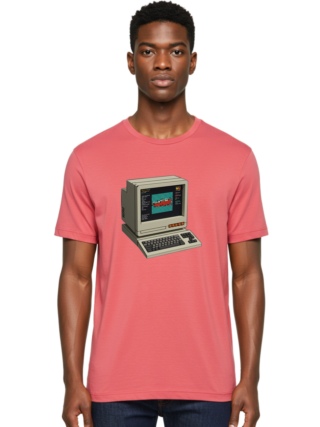 Elite-Game-On-Apple-Ii Men'S Graphic Tee, 100% Cotton, Comfortable Casual Summer Wear, Machine Washable, Retro Computer, Apple Ii, Vintage Technology, Pixel Art, Old School Gaming, 8-Bit Graphics, Red Boat, Turquoise Grid Baa645