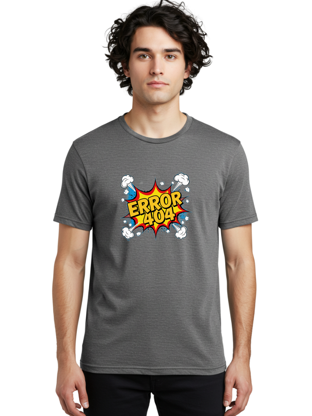 Error-404-3 Men'S Graphic Tee, 100% Cotton, Comfortable Casual Summer Wear, Machine Washable, Error Message, 404 Page Not Found, Cartoon Style, Comic Explosion, Yellow Text, Red Outline, White Clouds, Blue Bombs, Retro Aesthetic, Funny Design, Baa651